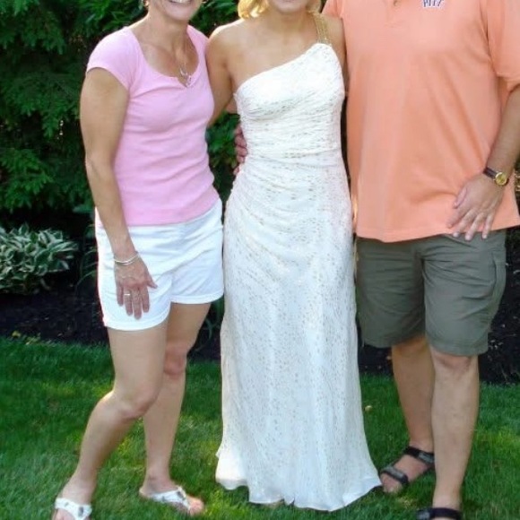 Worn Once! AIDAN MATTOX Silk One Shoulder Maxi White/Gold - Picture 3 of 12